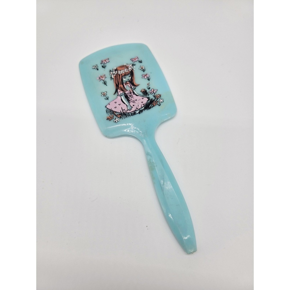 Blue Vintage Child's Hand Mirror With Girl And Flowers. 10 Inches
